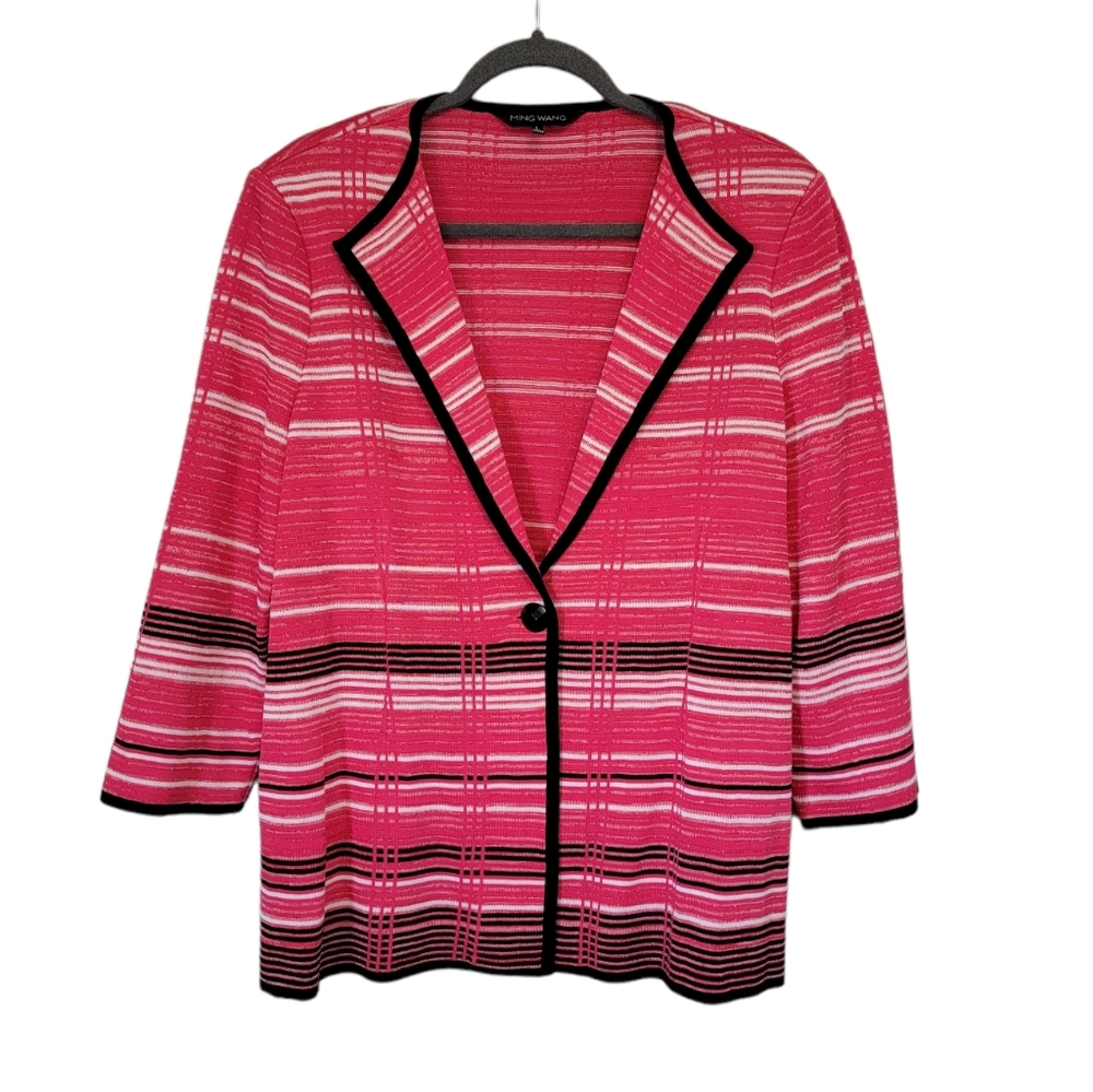Ming Wang pink stripped knit lightweight cardigan blazer